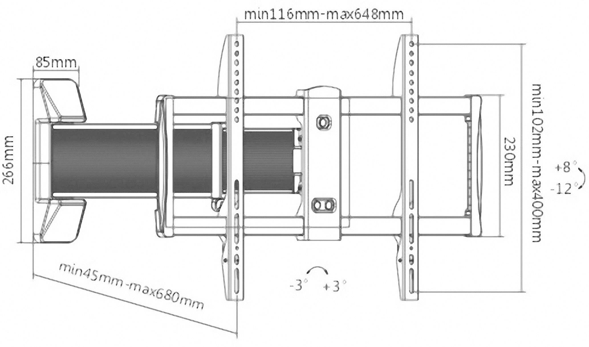 Technische tekening van een steun met afmetingen: breedte 266 mm, hoogte 230 mm. Verstelbare diepte en hellingshoek aangegeven.