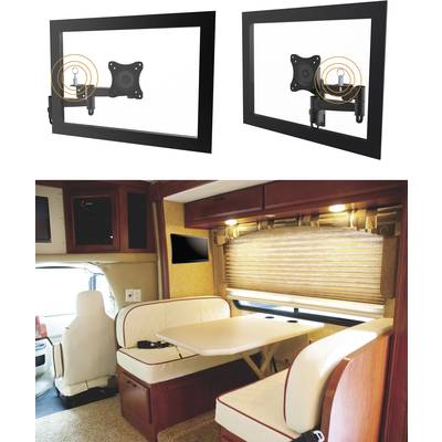 'Twee afbeeldingen van een tv-wandbevestigingssysteem.' Boven: Close-up van de beugel in verschillende hoeken. Onder: Interieur van een caravan met gemonteerde televisie.