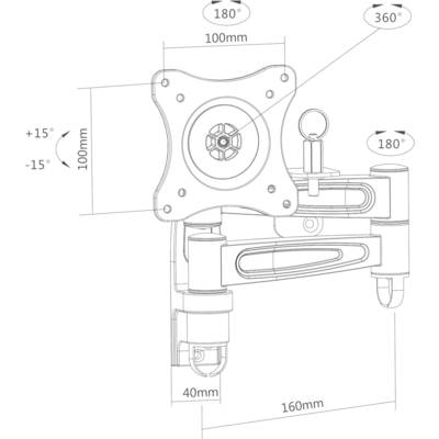 Technische tekening van een wandsteun met afmetingen: 100 mm breedte, 160 mm diepte, 40 mm basis. Gedetailleerde zwenk- en kantelhoeken weergegeven.