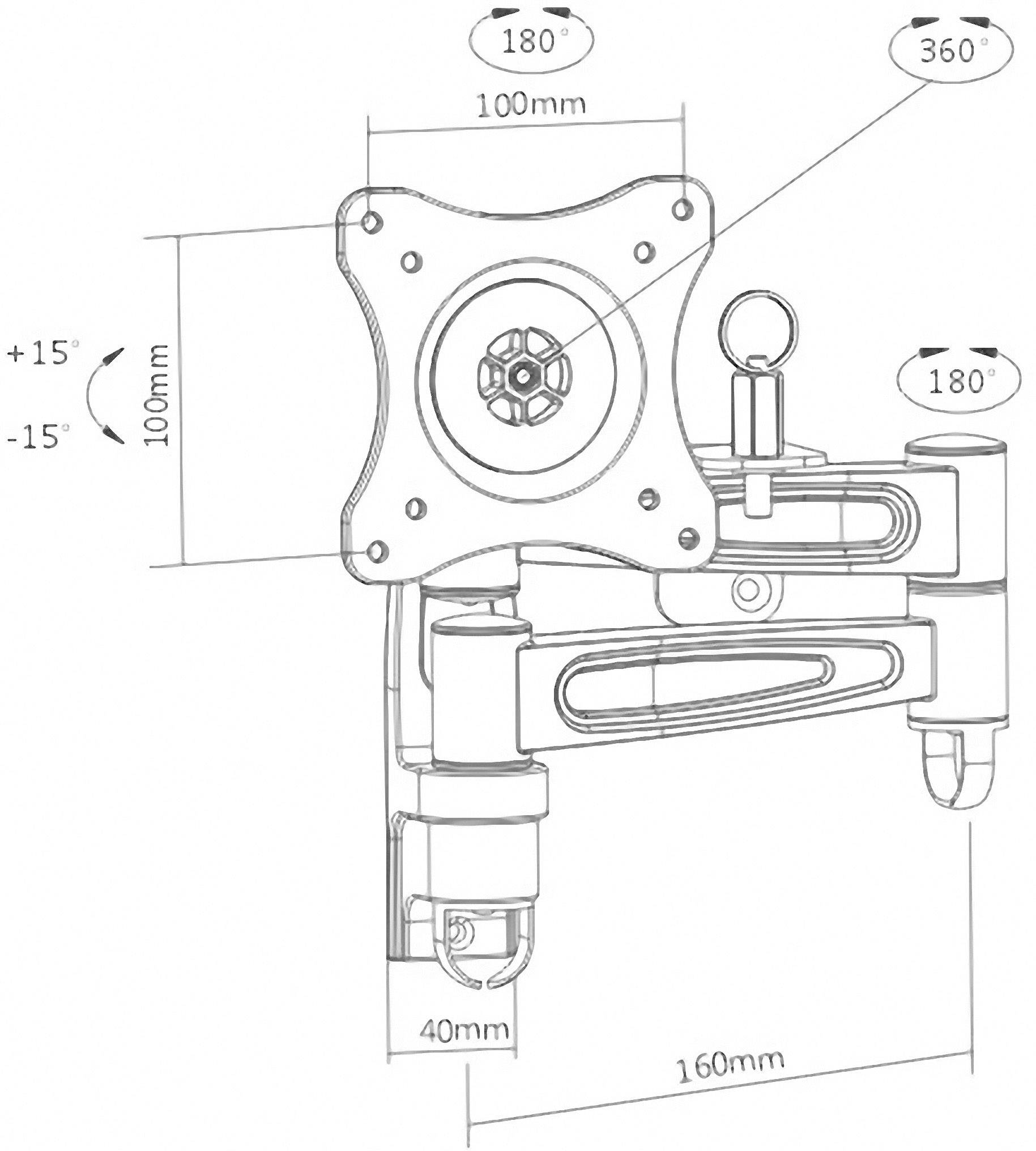 Technische tekening van een verstelbare monitorarm met afmetingen: 100mm x 100mm plaat, 160mm arm, 180° zwenkhoek, 360° rotatie.