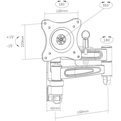 Technische tekening van een verstelbare monitorarm met afmetingen: 100mm x 100mm plaat, 160mm arm, 180° zwenkhoek, 360° rotatie.