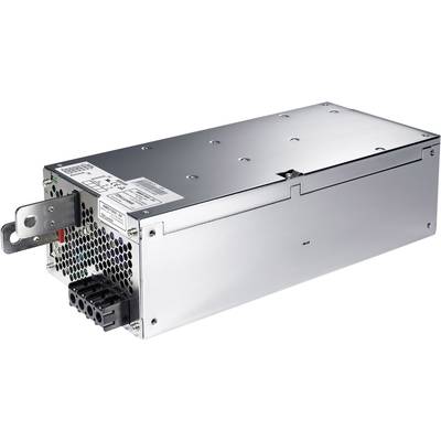 Een zilveren voeding voor servers met ventilatierooster en aansluitkabel aan één zijde.