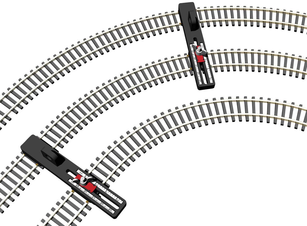 Twee gebogen modelspoorbaanrails met wissels die de richting van de treinen kunnen veranderen.