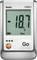 Temperatuur-datalogger met display toont '-18,7 °C'. Knop met opschrift 'Go' en laag batterijniveau-symbool.