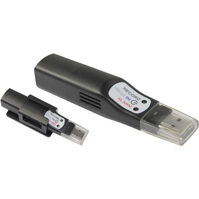 Twee USB-sticks met temperatuurmetingsfunctie; één met deksel, één zonder. Sticker vermeldt 'LOG 32 TH' en 'RECORD ALARM'.