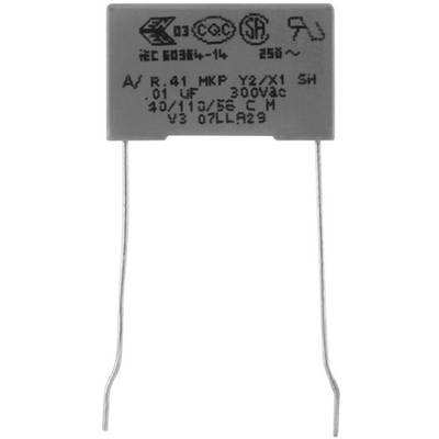 Condensator met opschrift 'MKP Y2/X1 300Vac'. Rechthoekige vorm, twee metalen poten. Certificeringen bovenaan. Gebruikt in elektronica.