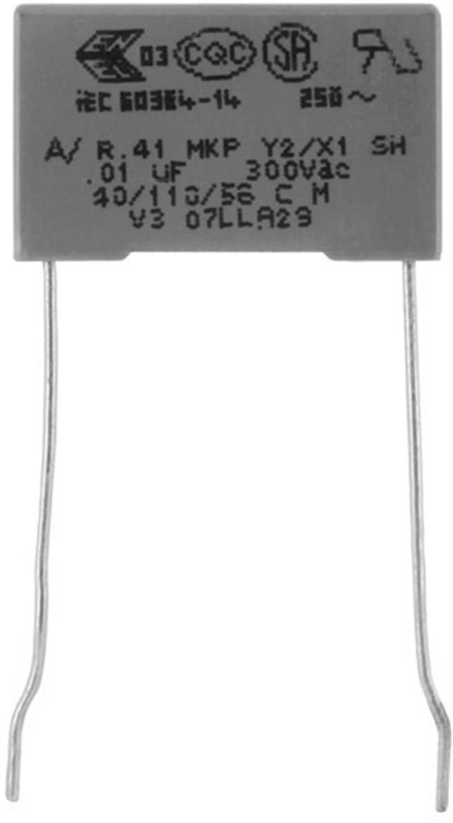 Grijze condensator met twee draadaansluitingen. Opschrift: 'IEC 60384-14', '250V', '.01 µF', '300Vac', '40/110/56'. CE- en UL-symbolen.