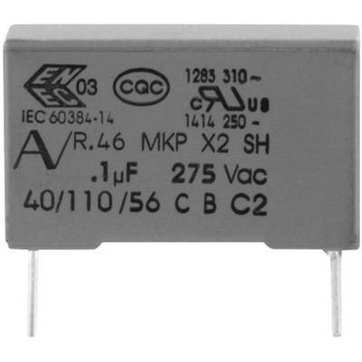 Een rechthoekige condensator met opschrift 'MKP X2 SH, 0,1 µF, 275 Vac', keurmerk en technische specificaties.