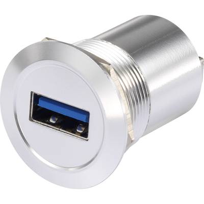 Metalen USB-stekker, cilindrisch van vorm, met een blauw binnengebied voor gegevensoverdracht en stroomvoorziening.
