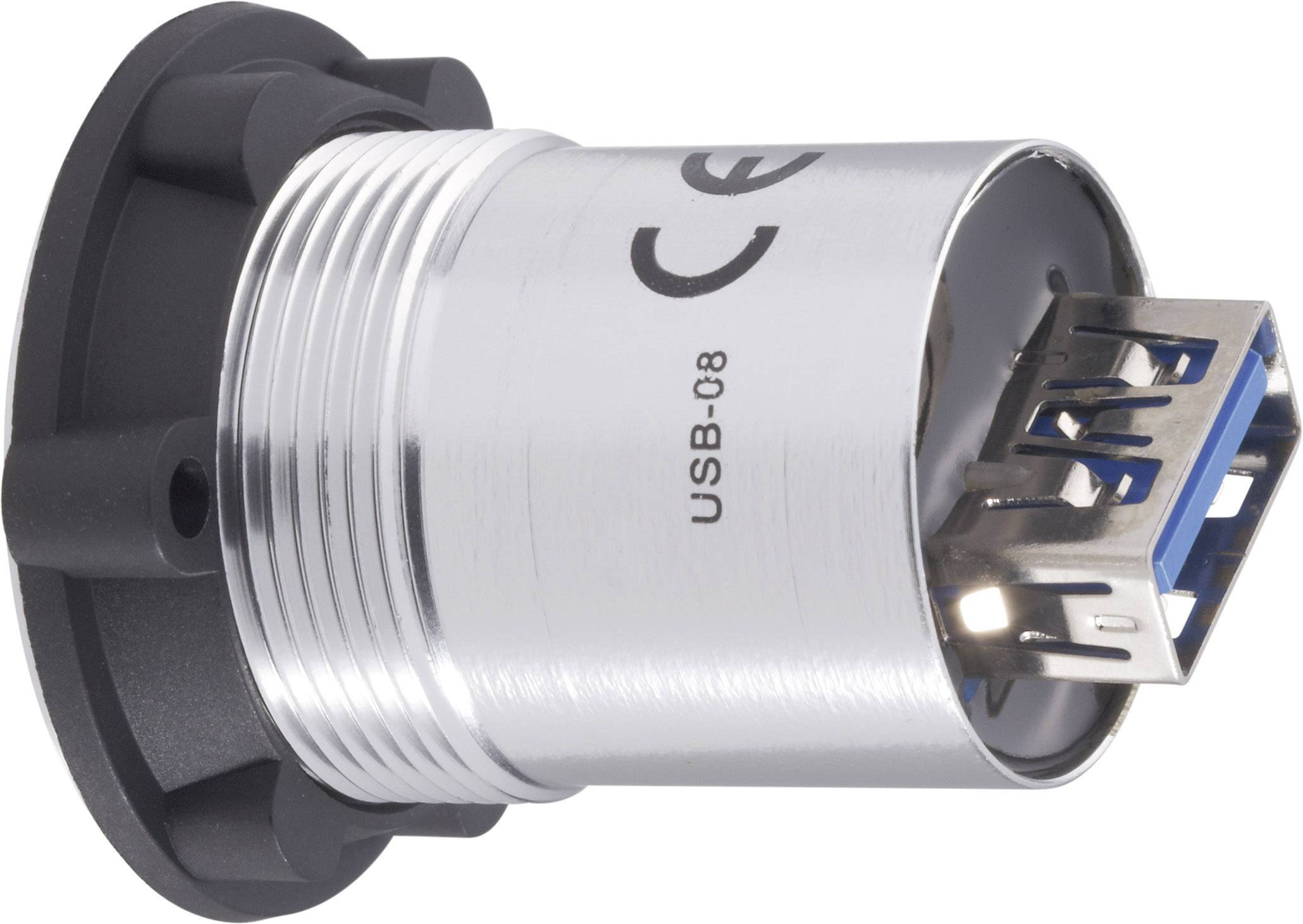 Een USB 3.0-aansluiting in een cilindrische metalen behuizing met CE-markering; zijaanzicht van de stekker.