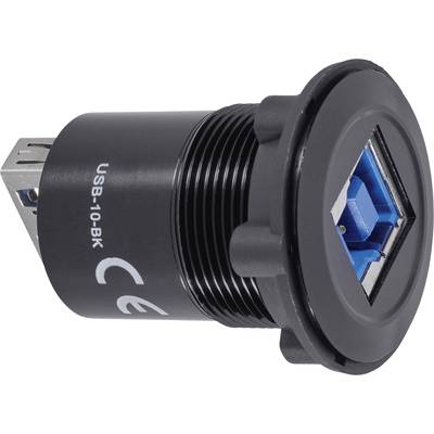 Een zwarte USB-aansluiting met blauwe binnenvoering, waarop 'USB-10-BK' en het CE-teken staan.