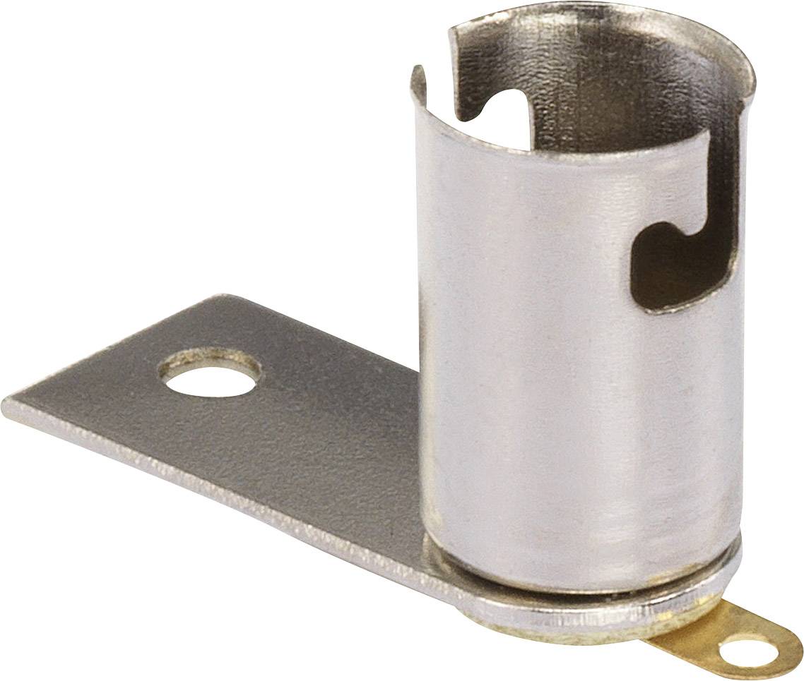 Metalen houder, cilindrische vorm, met een platte rechthoekige bevestigingsvoet en schroefgat, vermoedelijk bedoeld voor elektrische componenten.