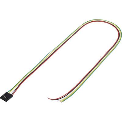 Vier-kleuren kabel met een zwarte stekker aan het ene uiteinde en open aders aan het andere uiteinde. Kleuren: Zwart, Rood, Geel, Groen.