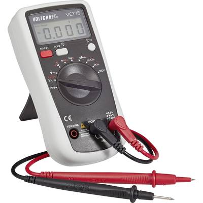 Een digitaal multimeter met display, draaischakelaar en twee meetleidingen in rood en zwart. Het meet verschillende elektrische groottes.