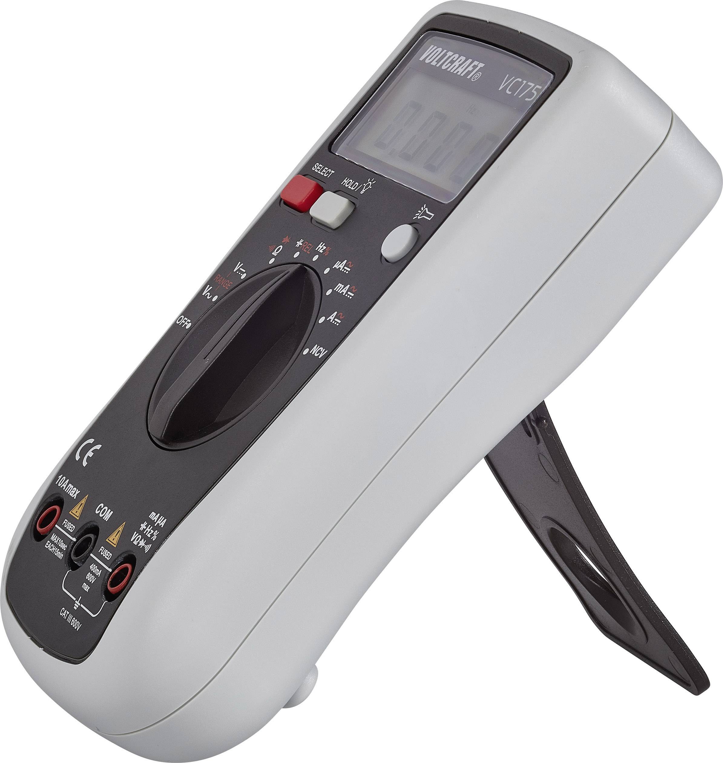 Een digitaal multimeter in een kunststof behuizing met een groot display, staand op een uitklapbare standaard.