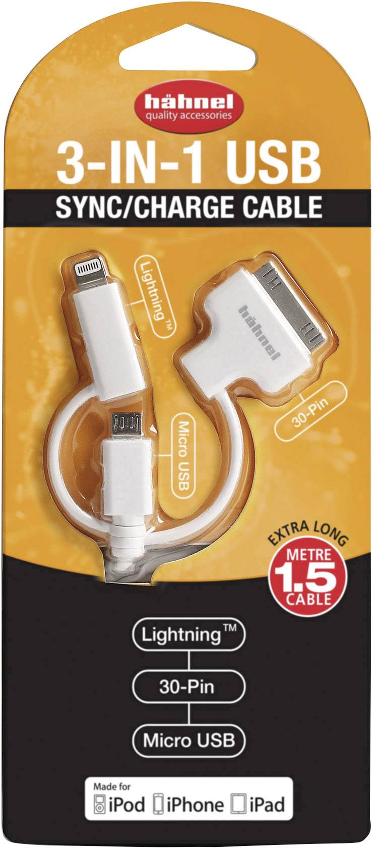 Verpakking van een '3-in-1 USB Sync/Laad Kabel' met aansluitingen voor Lightning, 30-Pin en Micro USB, geschikt voor iPod, iPhone en iPad.