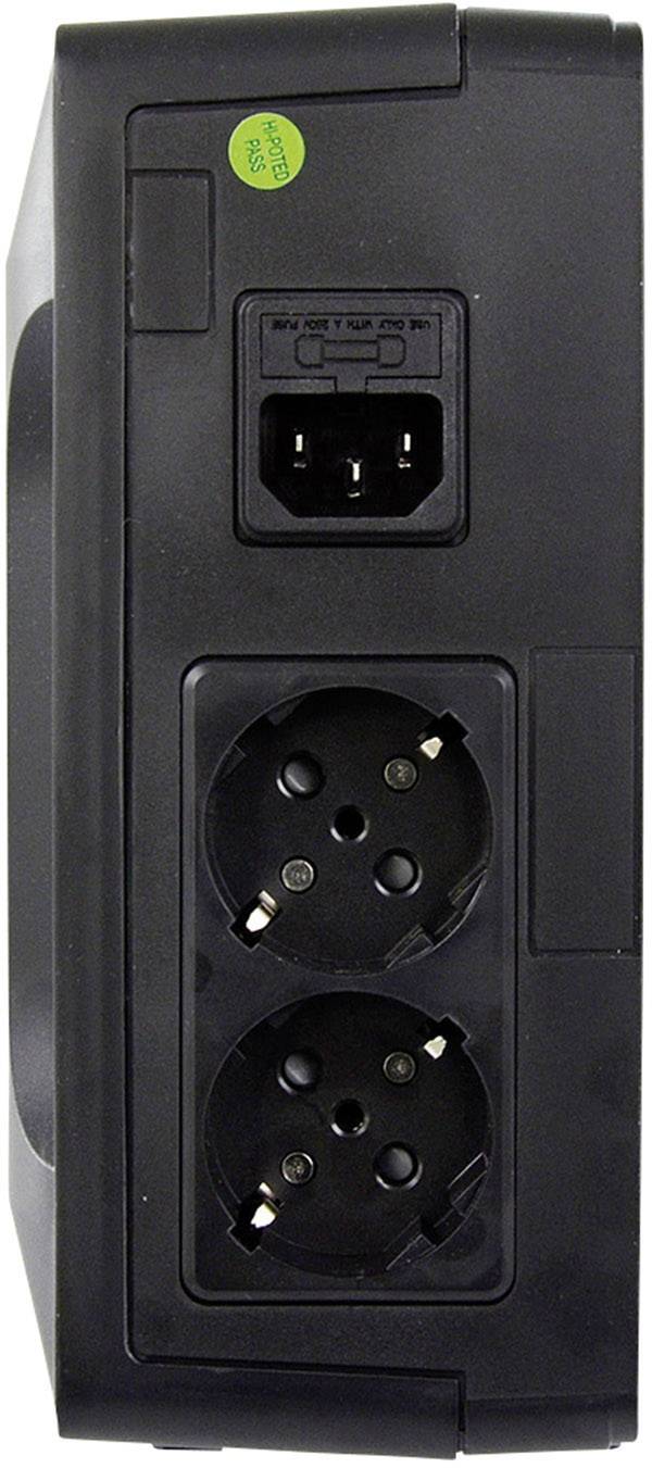 Twee stopcontacten en een netwerkingang aan de achterkant van een zwart elektronisch apparaat, mogelijk een UPS.