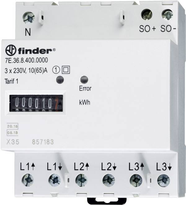 Finder 7E.36.8.400.0010 7E.36.8.400.0010 kWh-meter 3-fasen  Mechanisch 65 A Conform MID: Ja  1 stuk(s)