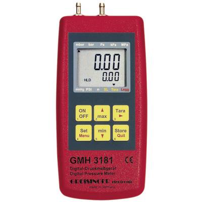 Rood digitaal drukmeetapparaat met display en meerdere knoppen eronder. Het toont '0.00'. Model 'GMH 3181' van Greisinger.