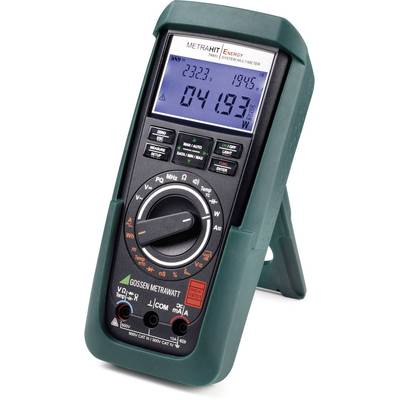 Een digitaal multimeter met een groene rand en meetdisplay, toont spanning- en stroommetingen. Draaiwieltje voor verschillende instelmodi.