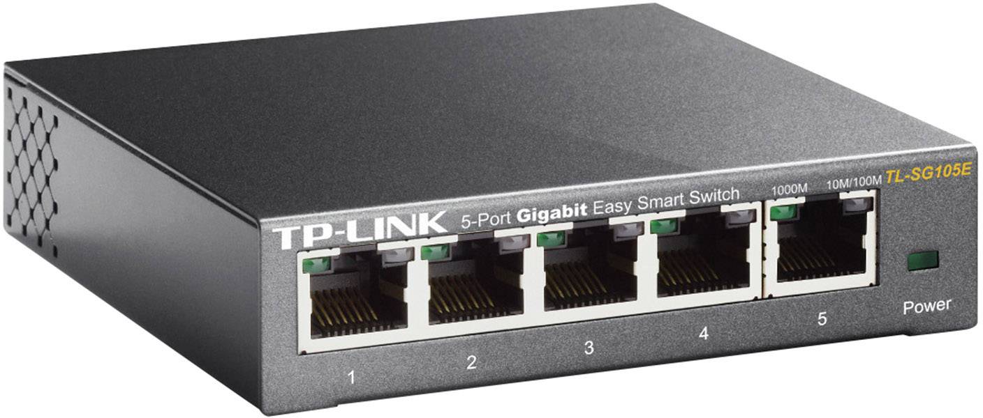 Een TP-Link 5-Poorts Gigabit Easy Smart Switch. Toont vijf Ethernet-poorten en de voedingsindicator aan de voorkant van het apparaat.