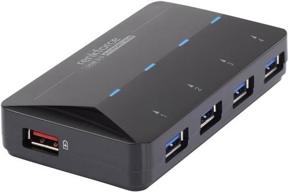 Zwarte USB 3.0-hub met vijf poorten; vier aan de zijkant, één aan de voorkant. Blauwe LED-indicatoren boven de poorten geven actieve verbindingen aan.