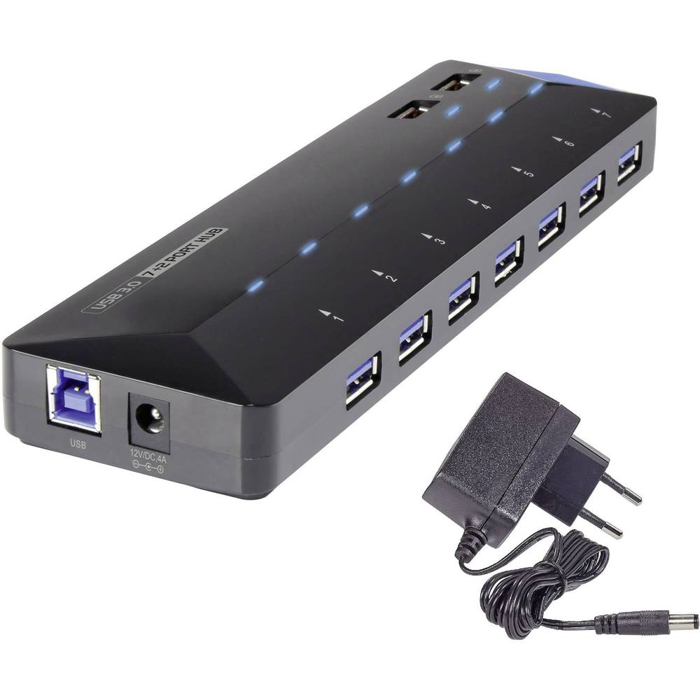 Renkforce USB 3.2 Gen 1-hub 7 + 2 poorten Met snellaadpoort, Met status-LEDs Zwart