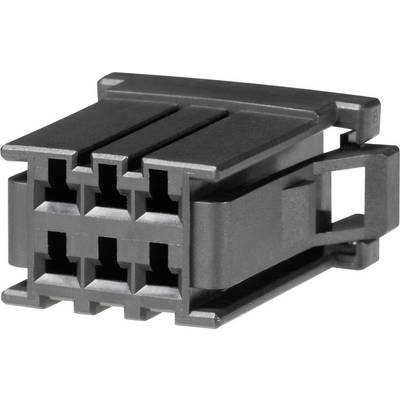 Zwarte kunststof stekker met zes vierkante aansluitingen, geschikt voor elektronische verbindingen.