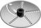 Een ronde metalen schijf die als wrijfschijf dient voor een keukenmachine, met verschillende gaten en een centrale zwarte inzet.