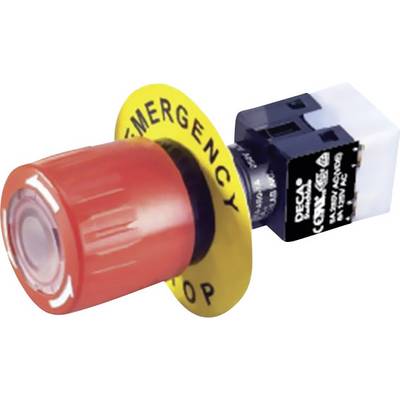 Rode noodstopschakelaar met gele ring, gemarkeerd met 'EMERGENCY STOP', wordt gebruikt voor snelle uitschakeling in noodsituaties.
