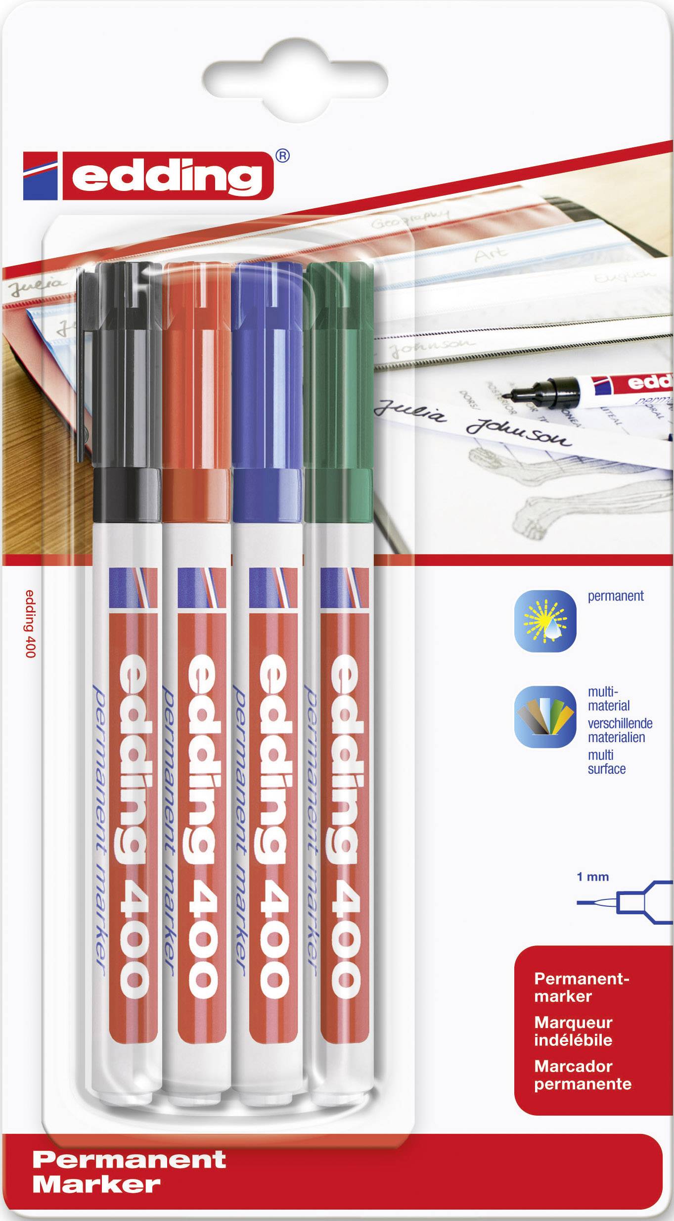 Edding 400 4-400-4 Permanent marker Blauw, Groen, Rood, Zwart Watervast: Ja