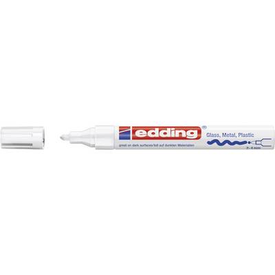 Een witte marker met de opdruk 'edding', geschikt voor glas, metaal en plastic. De punt is gesloten en ligt ernaast.