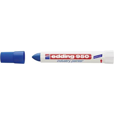 Blauwe industriemarker met verwijderde dop, opschrift 'edding 950 industry painter', toont punt en pijl wijzend naar rechts.