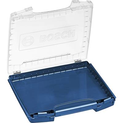 Lege, geopende blauwe Bosch L-Boxx van kunststof voor gereedschapsopslag.
