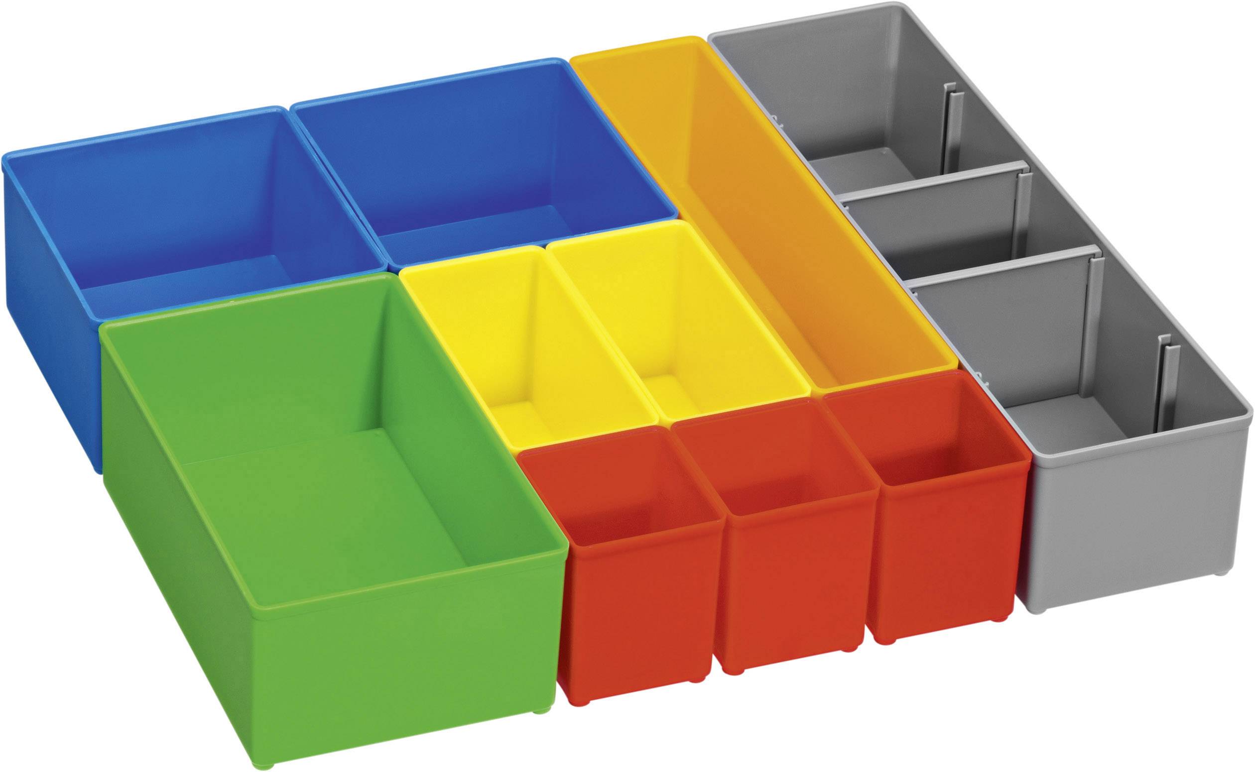 Kleurrijke, rechthoekige plastic dozen in verschillende formaten en kleuren (blauw, groen, geel, rood, grijs) opgesteld in een rangschikking.