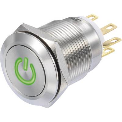 Zilveren drukknop met groen verlichtingssymbool voor 'Aan/Uit'. De knop heeft een geribde oppervlakte en drie gouden aansluitklemmen.