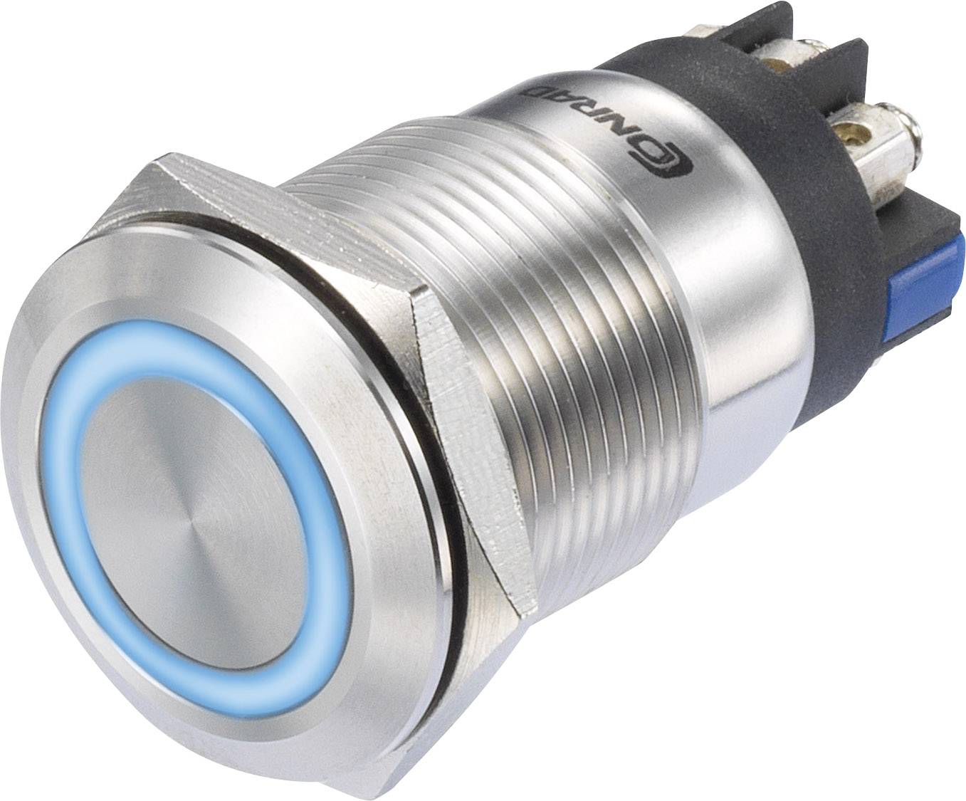 Metalen schakelaar met blauwe LED-ring en geribbelde behuizing. Geschikt voor industriële toepassingen voor het bedienen van apparaten.