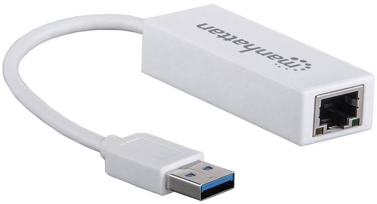 Witte USB-A-adapter naar Ethernet met 'Manhattan'-logo aan de zijkant.