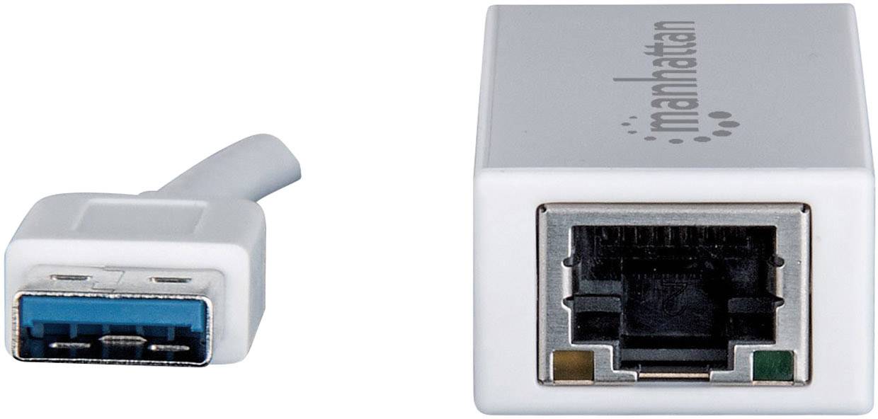 Een USB 3.0-naar-Gigabit-Ethernet-adapter, toont de USB- en Ethernet-aansluitingen.