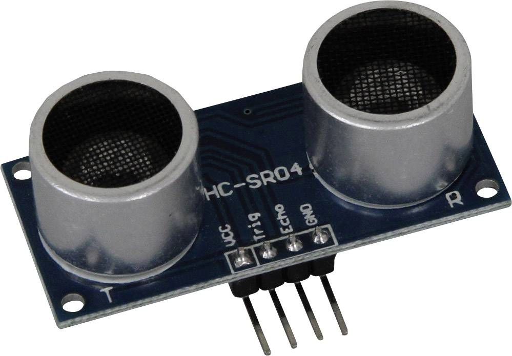 Ultrasone sensor-module HC-SR04 met twee ronde transducers en vier pinheaders, gebruikt voor afstandsmeting.