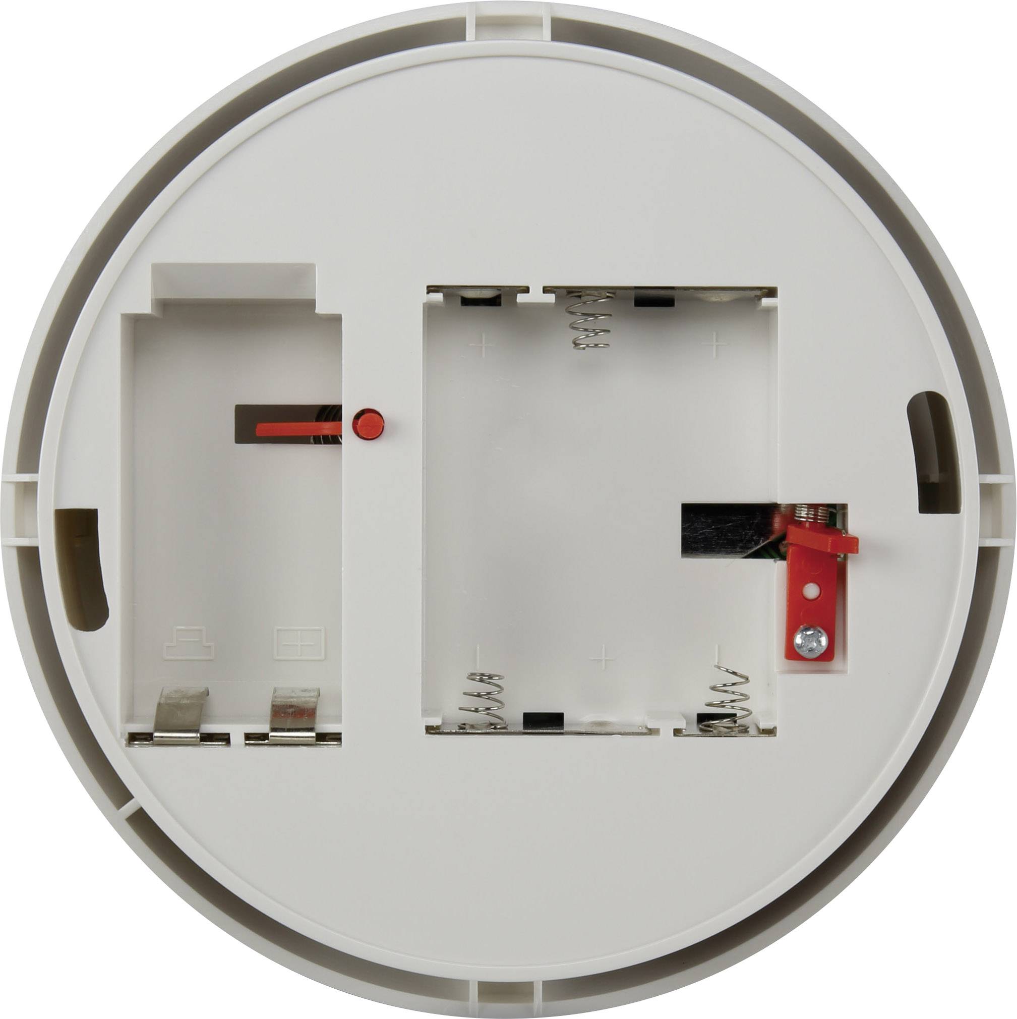 Ronde, witte houder voor rookmelder met lege batterijvakken.