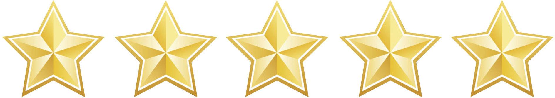 Vijf gouden sterren naast elkaar, die een vijf-sterren-beoordeling symboliseren.