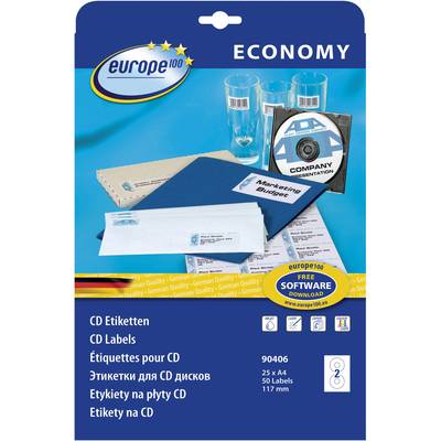 Europe 100 90406 CD-etiketten Ø 117 mm Papier Wit 50 stuk(s) Permanent hechtend Laser (kleur), Laser (zwart/wit), Kopiër