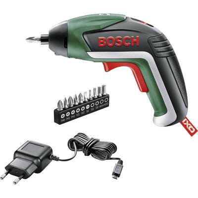 Elektrische schroevendraaier van Bosch met zeven bits en oplader. Voornamelijk geschikt voor doe-het-zelfklussen.