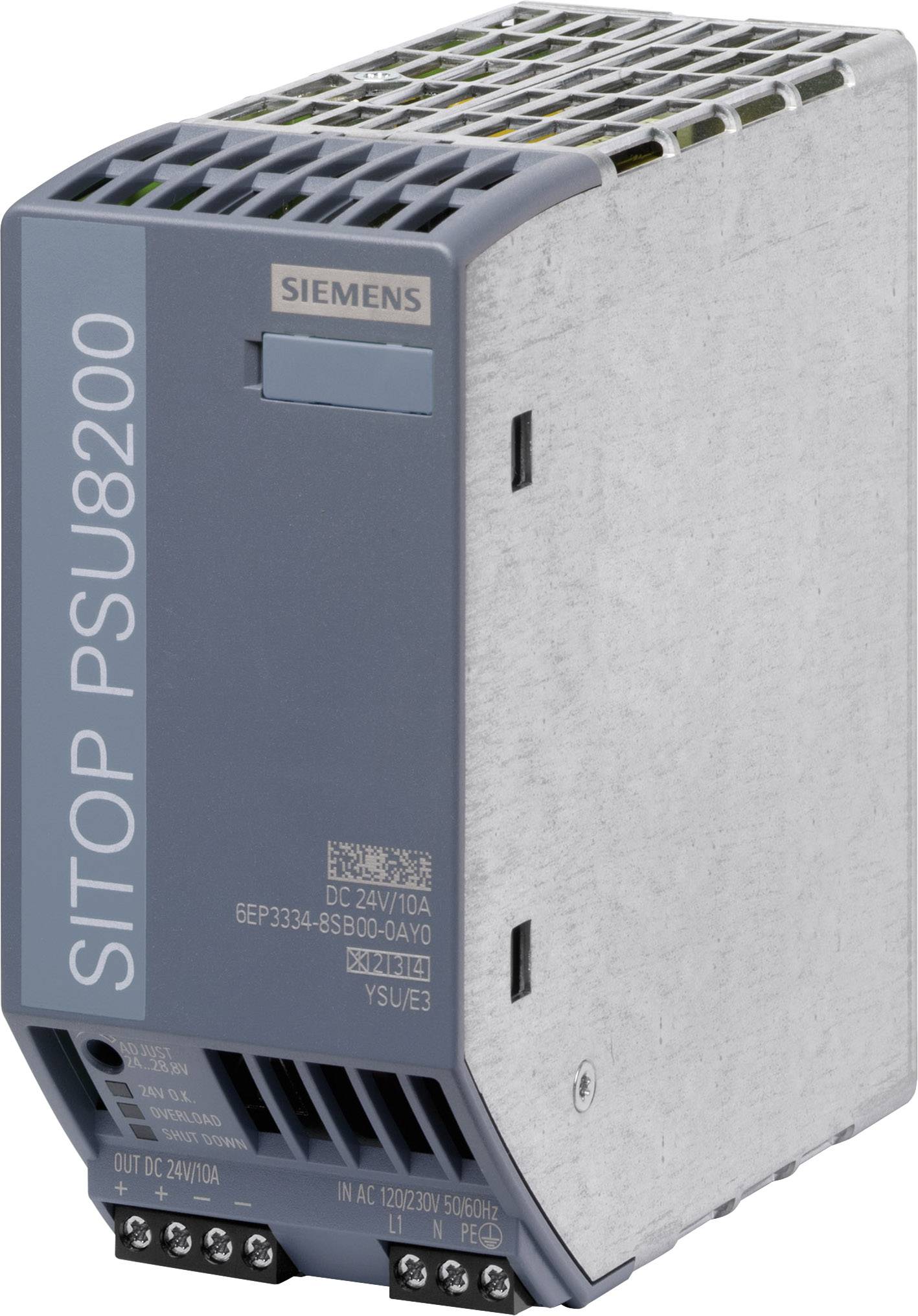 Een Siemens SITOP PSU8200 voedingsapparaat in grijs met ventilatiesleuven bovenaan. Opdruk toont productspecificaties, waaronder 'DC 24V 10A'.