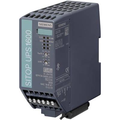 Een Siemens SITOP UPS1600 ononderbroken stroomvoorzieningssysteem in donkere kleur met aansluitingen en labels.