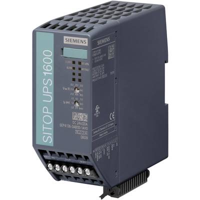 Een SITOP UPS1600 van Siemens, een DC-UPS-module voor ononderbroken stroomvoorziening, donkergrijs met aansluitingen en technische informatie.