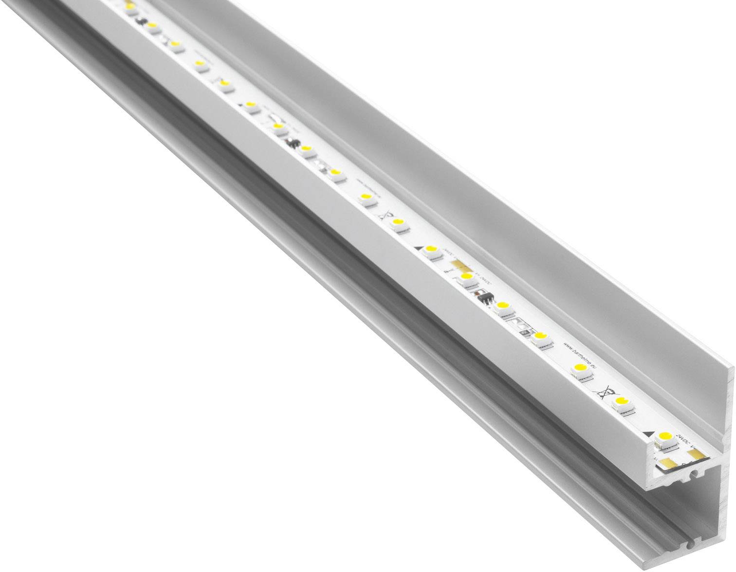 'Aluminiumprofiel met ingebouwde LED-strip, gebruikt voor verlichting en decoratie in binnenruimtes.'