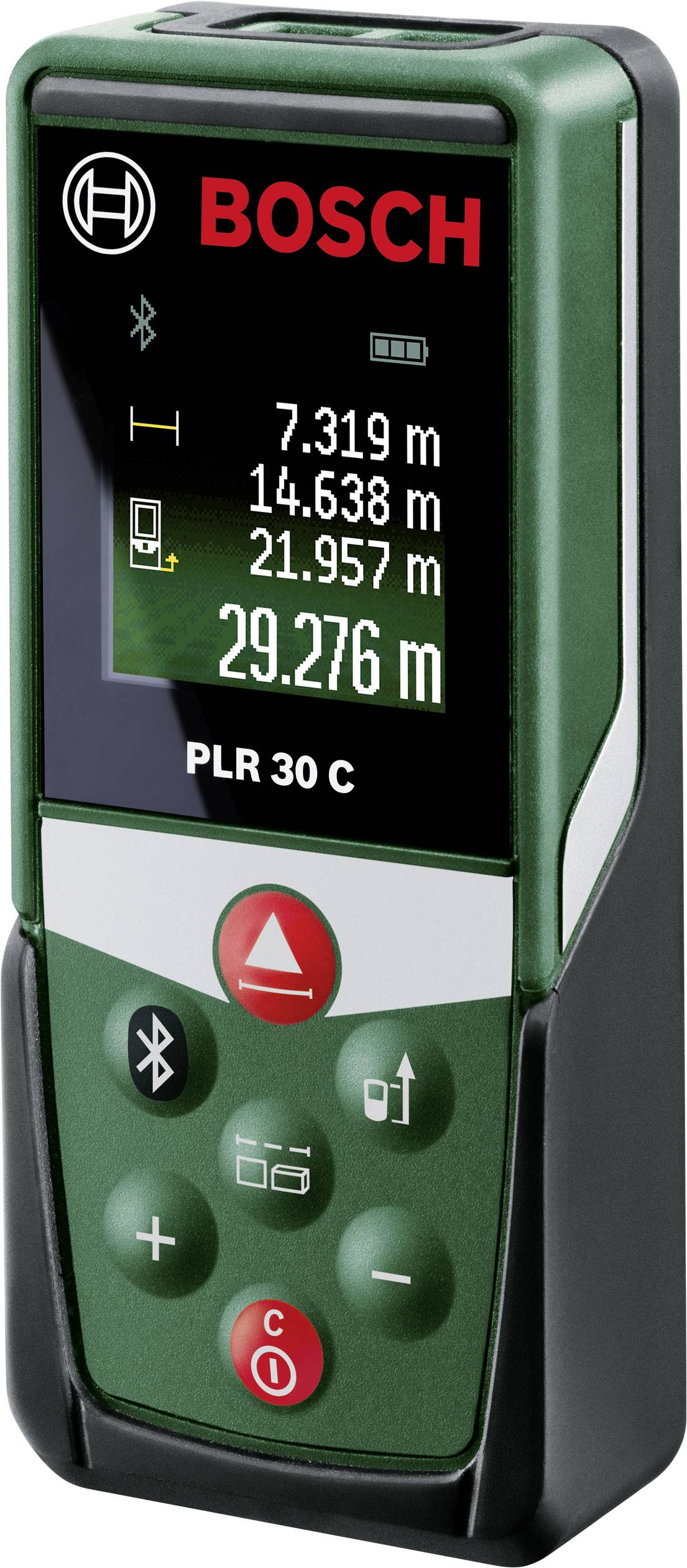 Bosch PLR 30 C Laserafstandsmeter toont meetwaarden 7,319 m, 14,638 m, 21,957 m en 29,276 m op display.