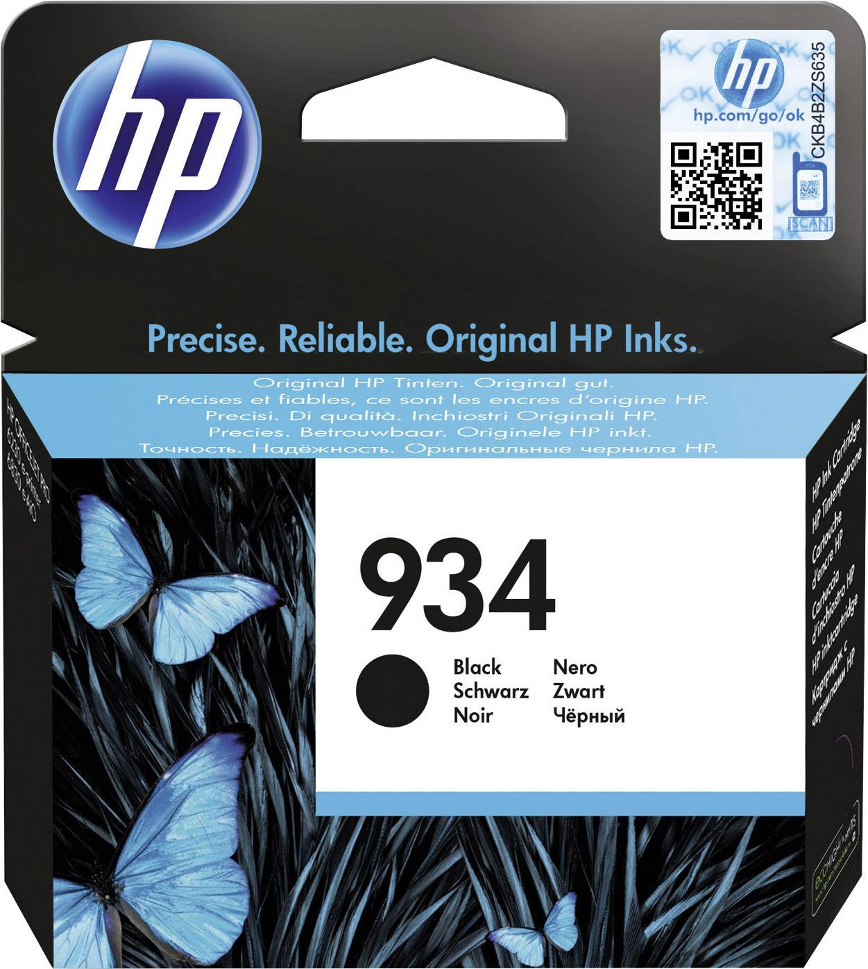 HP-inktcartridge 934 in het zwart. Verpakking toont blauwe vlinders en wijst op precisie, betrouwbaarheid en originele HP-inkt.